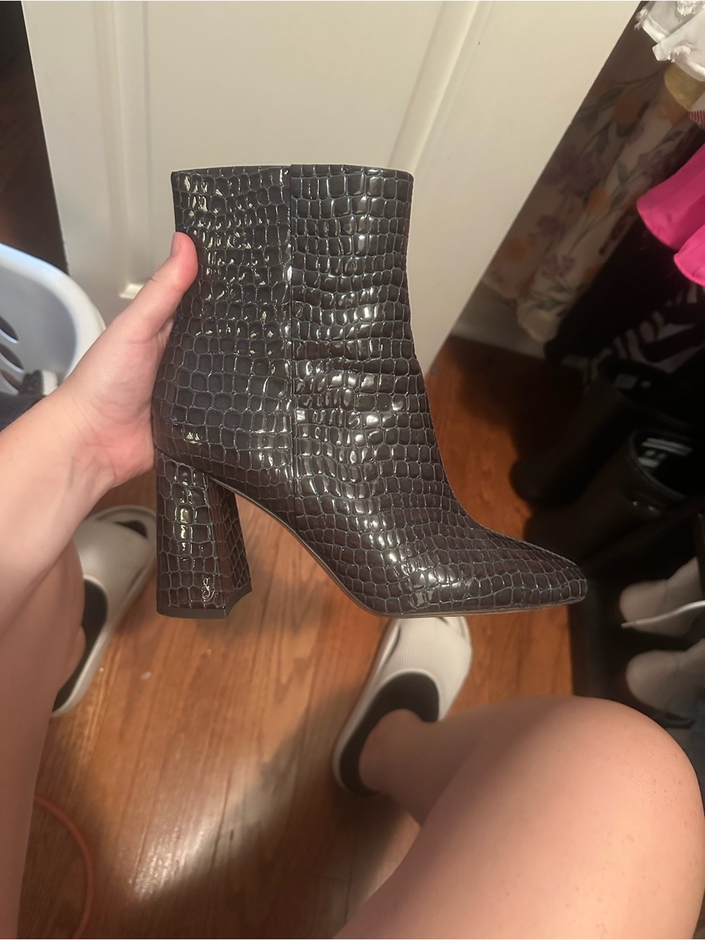Sam Edelman Black Croc-Embossed Pointed Block Heel Ankle Boots